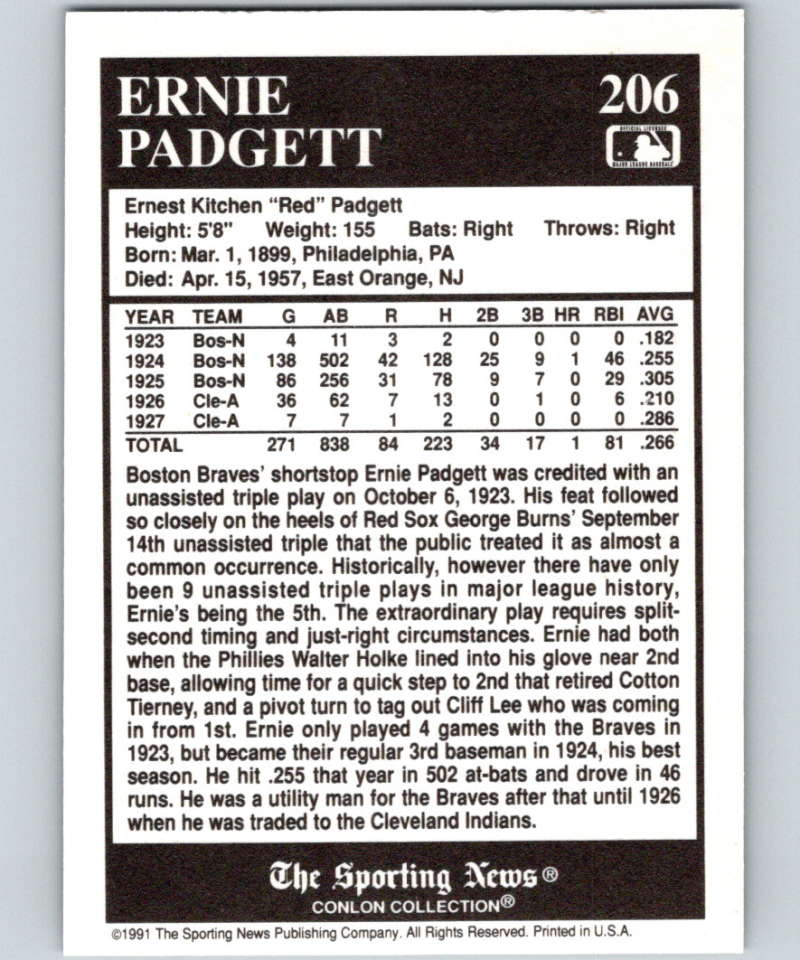 1991 Conlon Collection #206 Ernie Padgett TP NM Boston Braves  Image 2