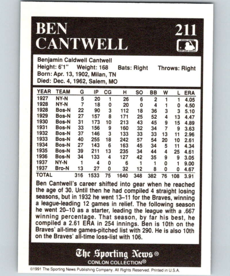 1991 Conlon Collection #211 Ben Cantwell NM Boston Braves  Image 2