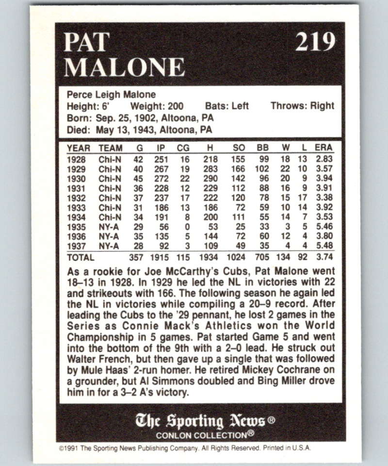 1991 Conlon Collection #219 Pat Malone NM Chicago Cubs  Image 2