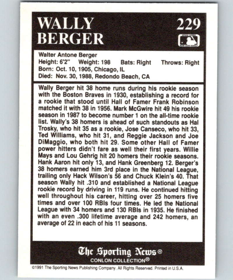 1991 Conlon Collection #229 Wally Berger TRIV NM Boston Braves  Image 2