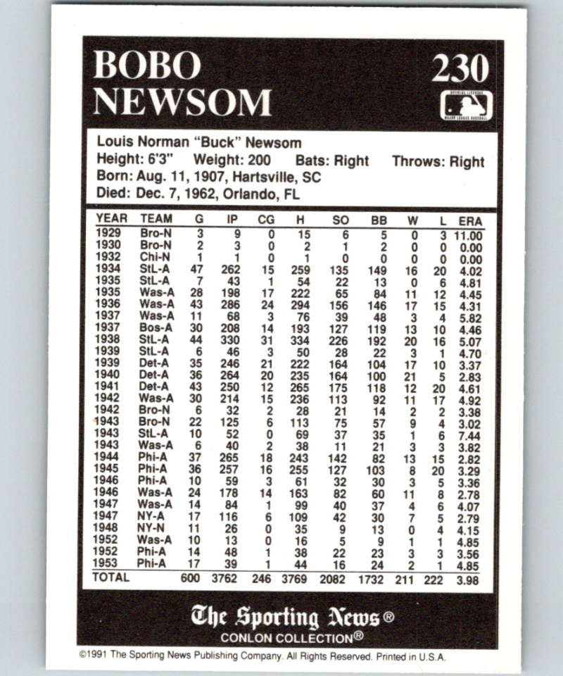 1991 Conlon Collection #230 Bobo Newsom NM St. Louis Browns  Image 2