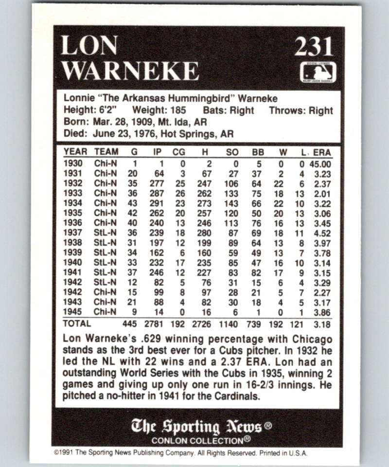 1991 Conlon Collection #231 Lon Warneke NM St. Louis Cardinals  Image 2