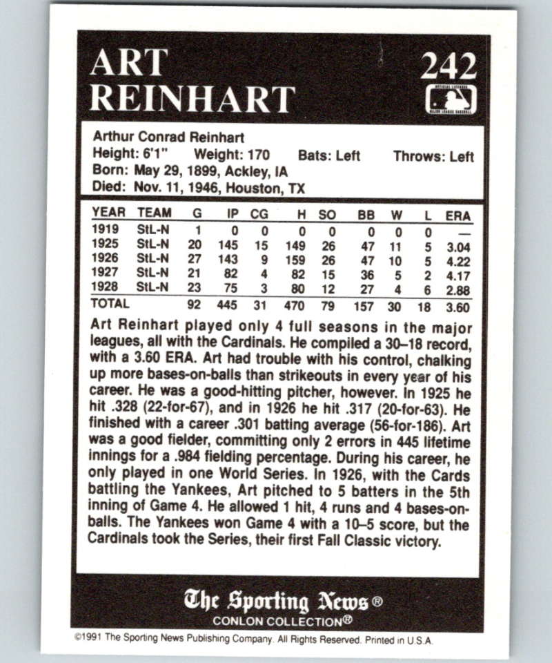 1991 Conlon Collection #242 Art Reinhart NM St. Louis Cardinals  Image 2