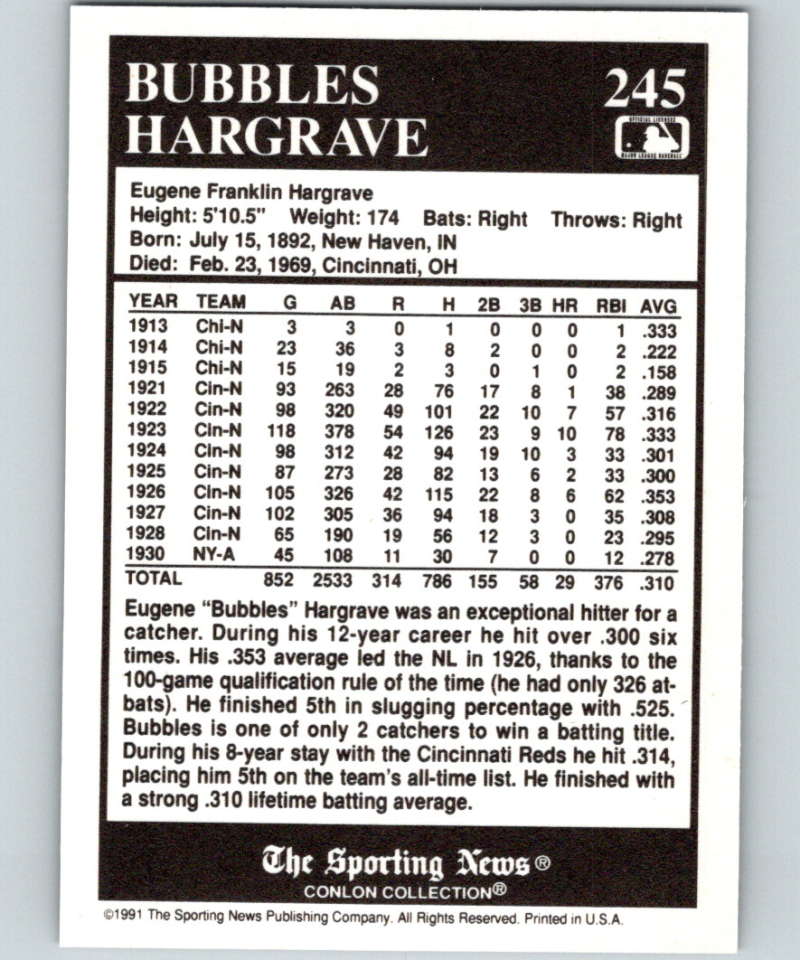 1991 Conlon Collection #245 Bubbles Hargrave NM Cincinnati Reds  Image 2