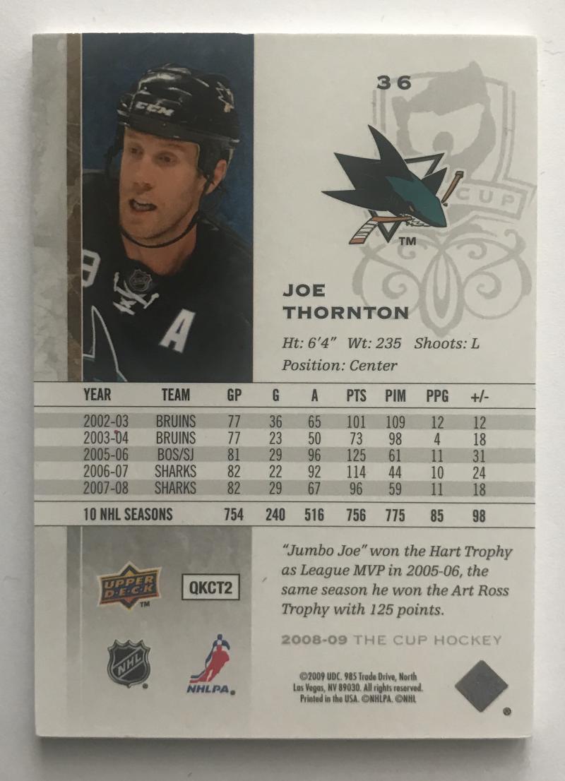 2008-09 Upper Deck The Cup #36 Joe Thornton 245/249 NHL Hockey 06983