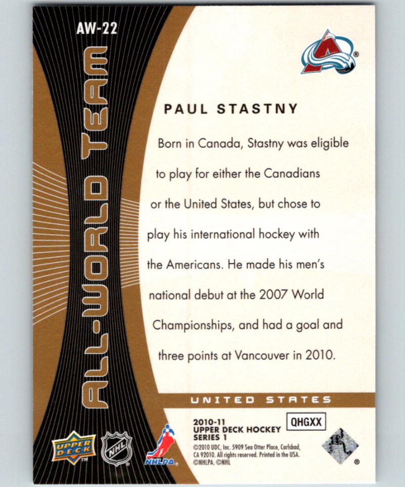 2010-11 Upper Deck All World Team #AW22 Paul Stastny 07085 Image 2