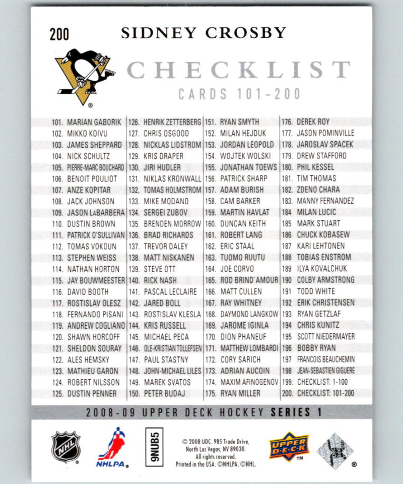 2007-08 Upper Deck #200 Sidney Crosby Check List 07130 Image 2