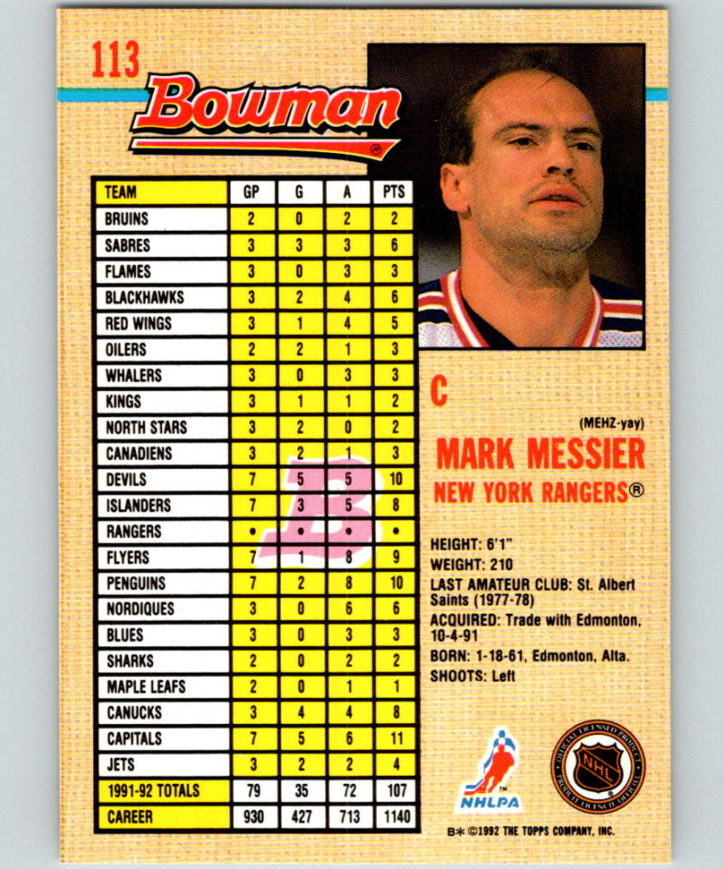 1992-93 Bowman #113 Mark Messier MINT 07149 Image 2