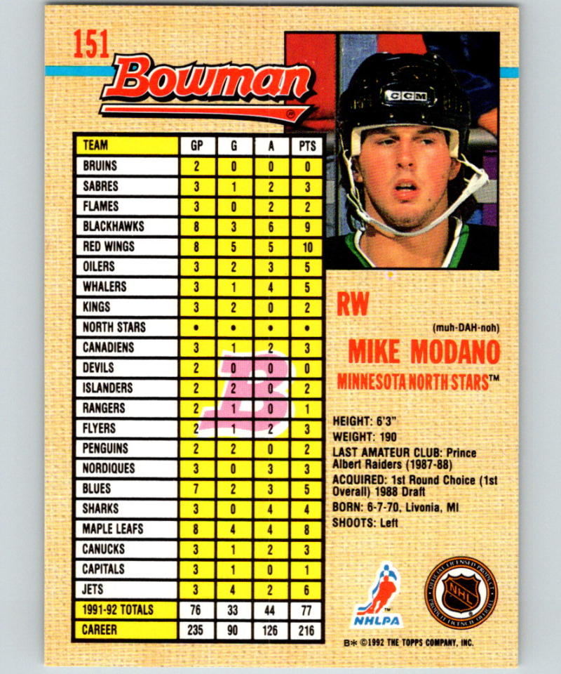 1992-93 Bowman #151 Mike Modano MINT 07150 Image 2