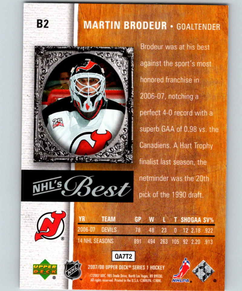 2007-08 Upper Deck NHL's Best #B2 Martin Brodeur New Jersey Devils 07063