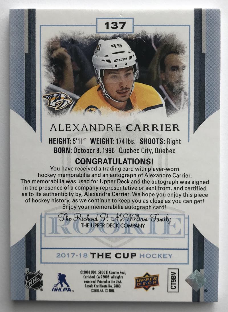 2017-18 Upper Deck The Cup #137 Alexandre Carrier Patch Auto Rookie 145/249 RC 07190