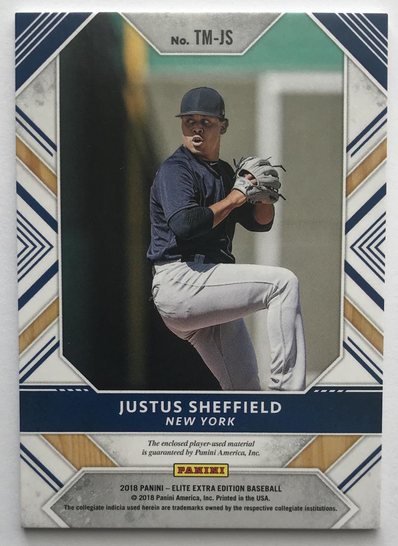 2018 Panini Elite Extra Edition Triple Material Justus Sheffield  189/399 Jersey 07240 Image 2