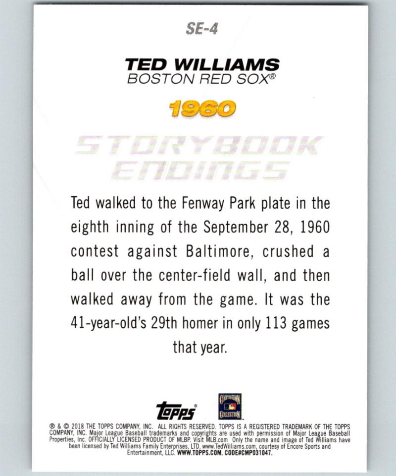 2018 Topps Update Storybook Endings #SE-4 Ted Williams MINT 07335 Image 2