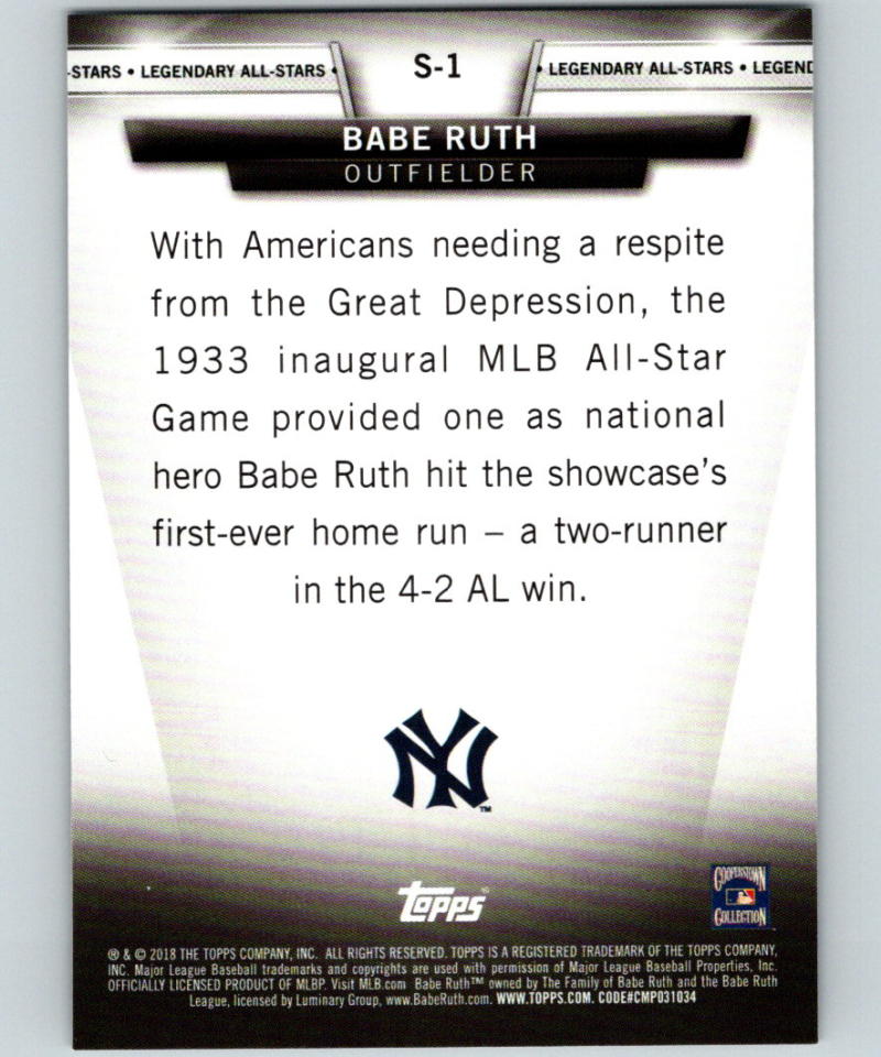 2018 Topps Update Salute #S-1 Babe Ruth MINT New York Yankees 07361