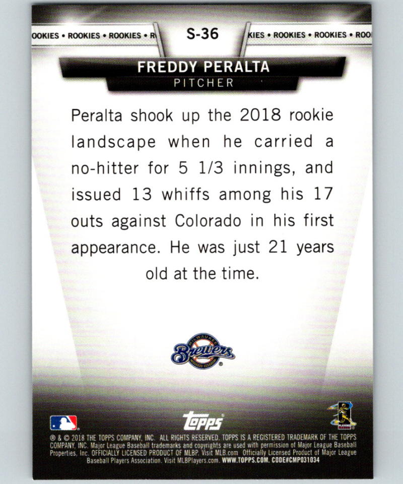 2018 Topps Update Salute #S-36 Freddy Peralta MINT Milwaukee Brewers 07368 Image 2