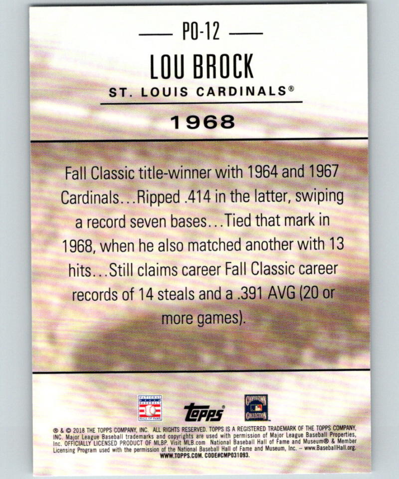 2018 Topps Update Postseason Preeminence #PO-12 Lou Brock MINT 07379 Image 2