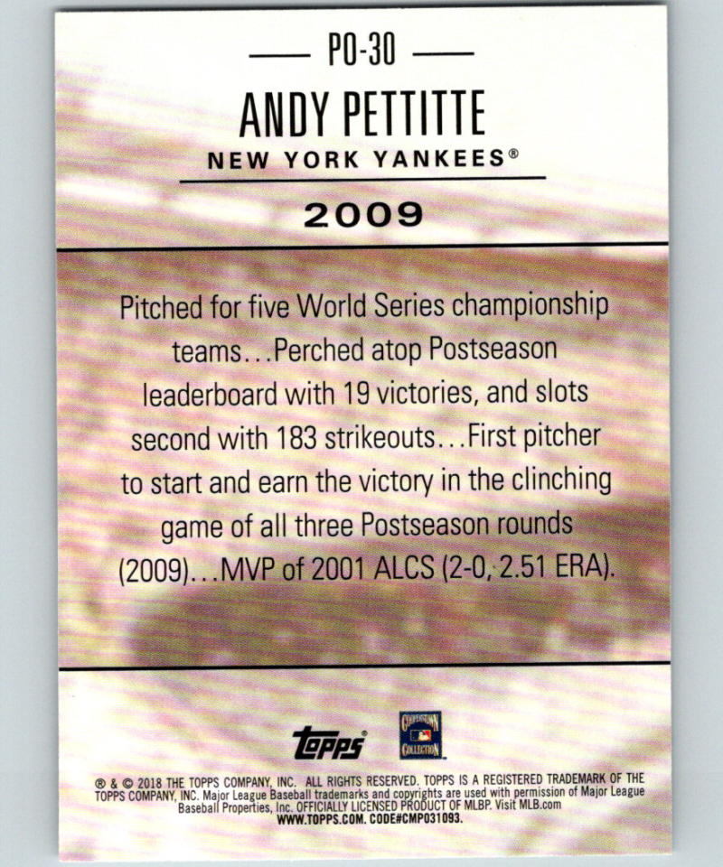 2018 Topps Update Postseason Preeminence #PO-30 Andy Pettitte MINT 07388 Image 2