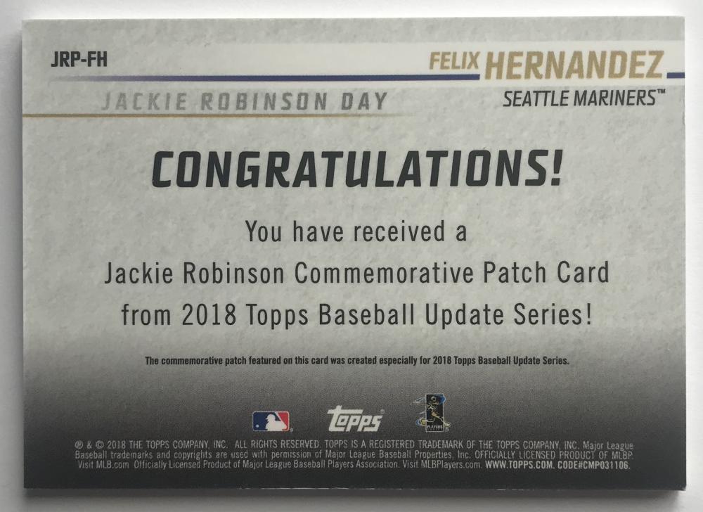 2018 Topps Update Jackie Robinson Day Commemorative Patches Felix Hernandez 07396 Image 2