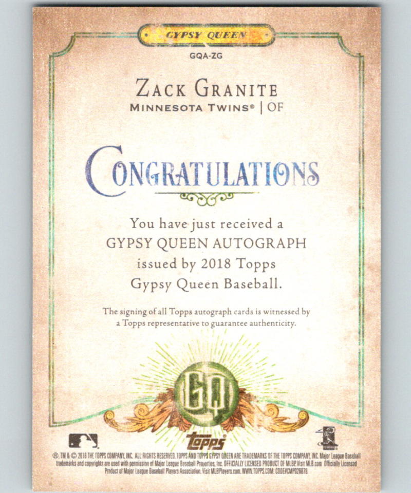 2018 Topps Gypsy Queen Autographs Zack Granite Auto Rookie RC 07402