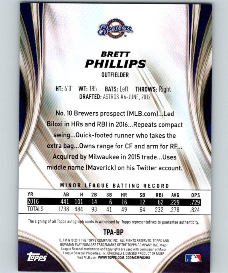 2017 Bowman Platinum Top Prospects Autographs Brett Phillips MINT Auto 07419