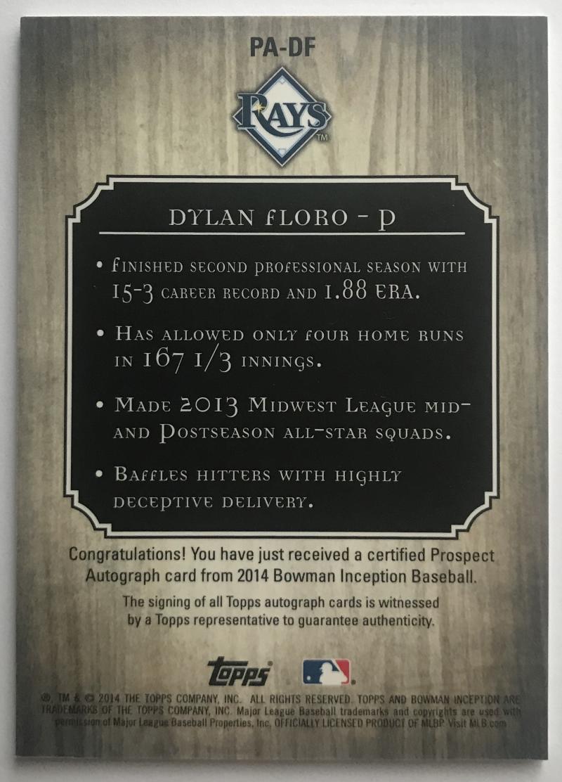 2014 Bowman Inception Prospect Autographs Dylan Floro RC Rookie Auto 07430