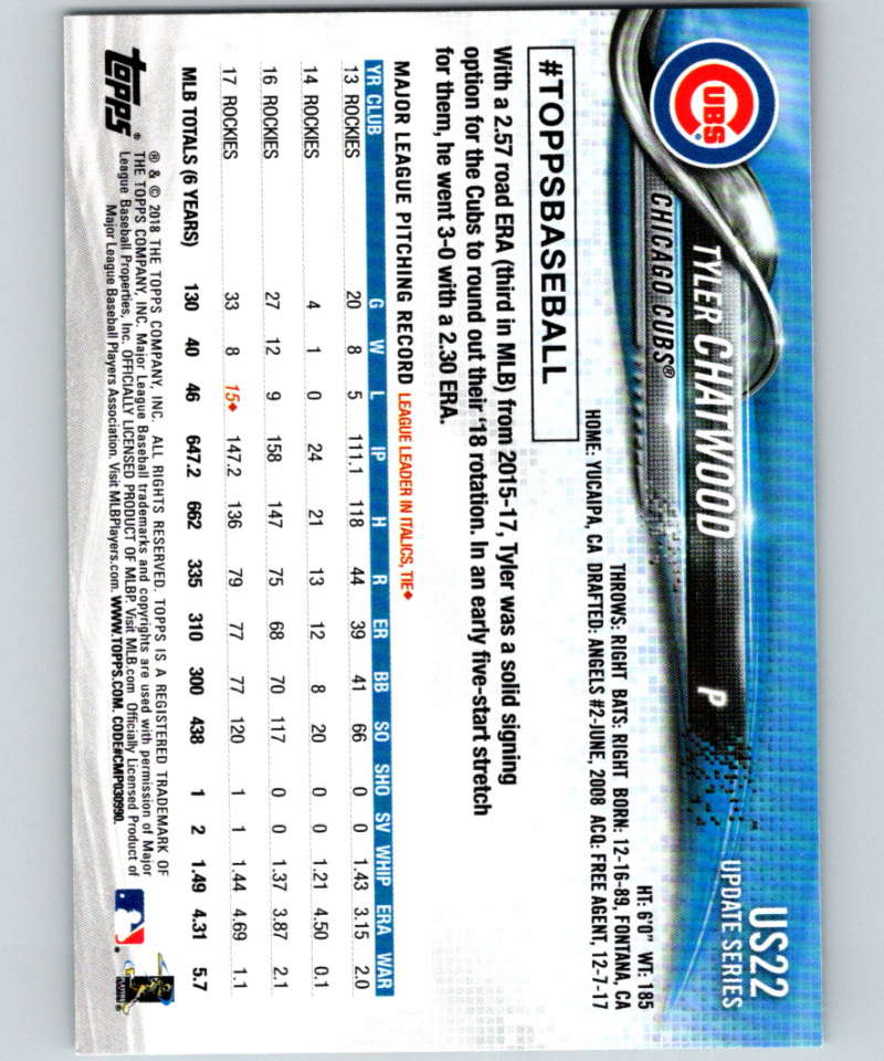 2018 Topps Update #US22 Tyler Chatwood Like New Chicago Cubs  Image 2