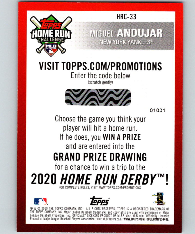 2019 Topps Home Run Challenge Codes #HRC-33 Miguel Andujar MINT 07495 Image 2