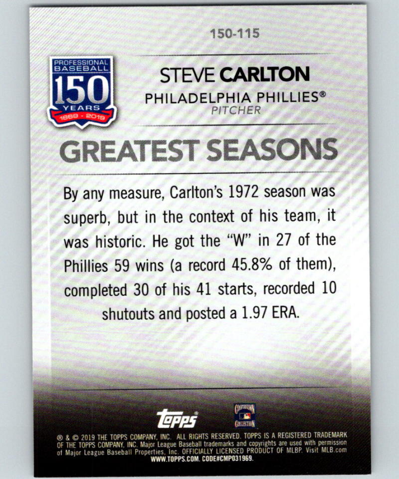 2019 Topps 150 Years of Professional Baseball #150-115 Steve Carlton MINT 07504 Image 2
