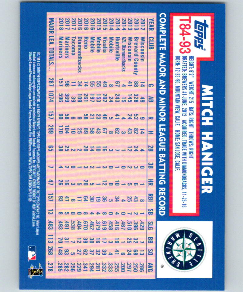 2019 Topps 1984 Topps #T84-93 Mitch Haniger MINT Seattle Mariners 07521 Image 2
