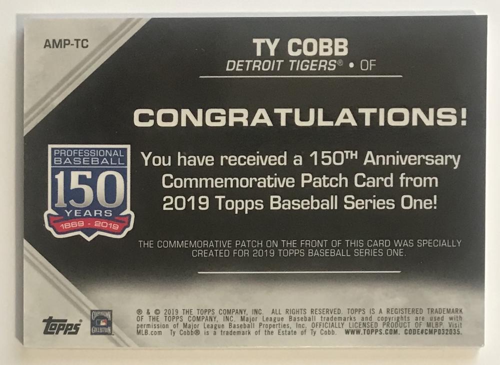 2019 Topps 150th Anniversary Commemorative Patches Ty Cobb MINT 07522