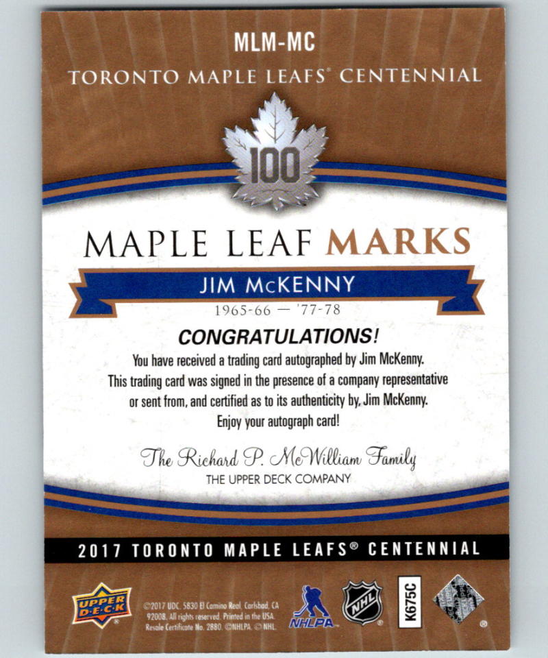 2017-18 Upper Deck Toronto Maple Leafs Centennial Marks Autographs Jim McKenny 07561