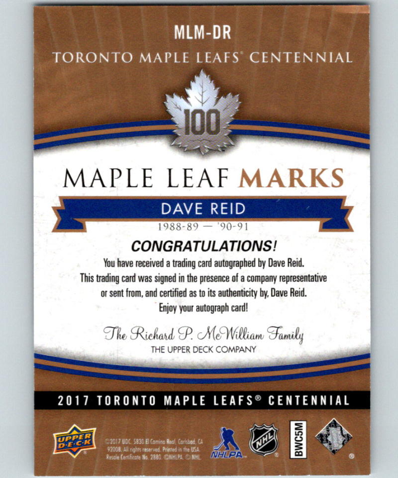 2017-18 Upper Deck Toronto Maple Leafs Centennial Marks Autographs Dave Reid 07566