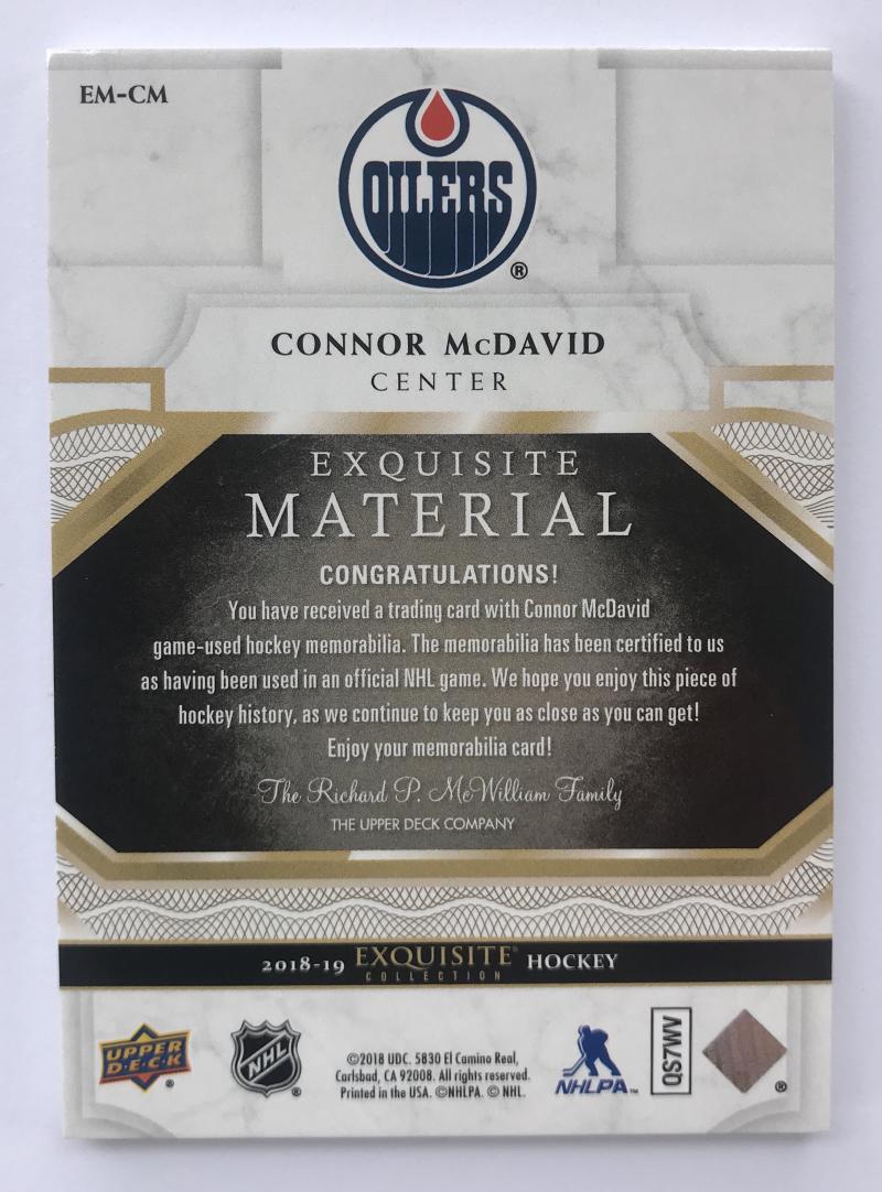 2018-19 Upper Deck Exquisite Materials Gold Spectrum Connor McDavid Patch 2/3