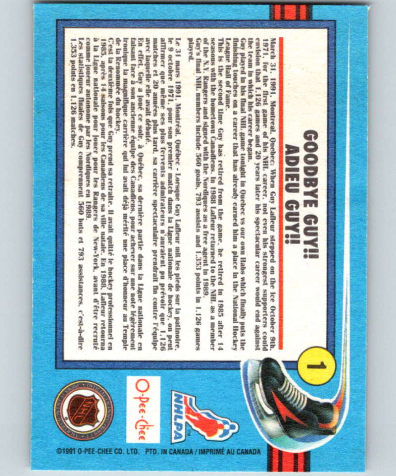 1991-92 O-Pee-Chee #1 Lafleur Tribute Mint  Image 2