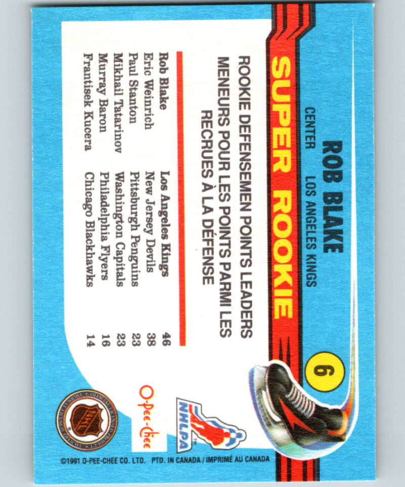 1991-92 O-Pee-Chee #6 Rob Blake SR Mint RC Rookie Los Angeles Kings