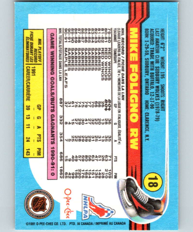1991-92 O-Pee-Chee #18 Mike Foligno Mint Buffalo Sabres  Image 2