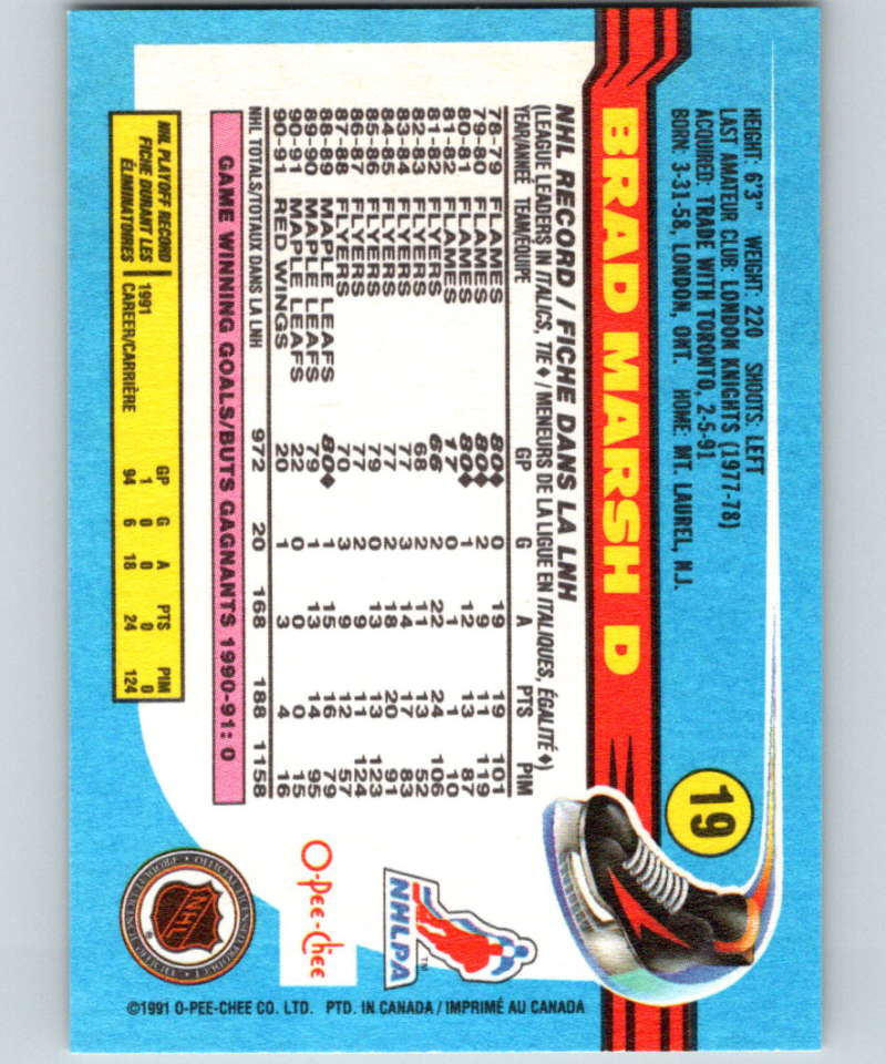 1991-92 O-Pee-Chee #19 Brad Marsh Mint Detroit Red Wings  Image 2