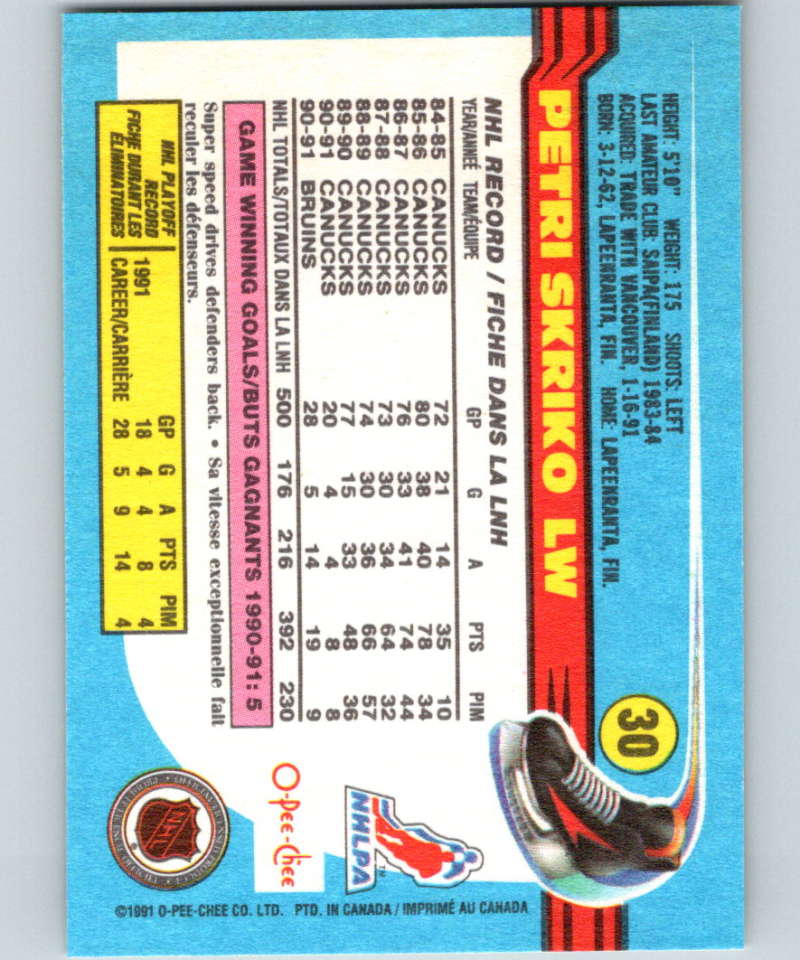1991-92 O-Pee-Chee #30 Petri Skriko Mint Boston Bruins  Image 2