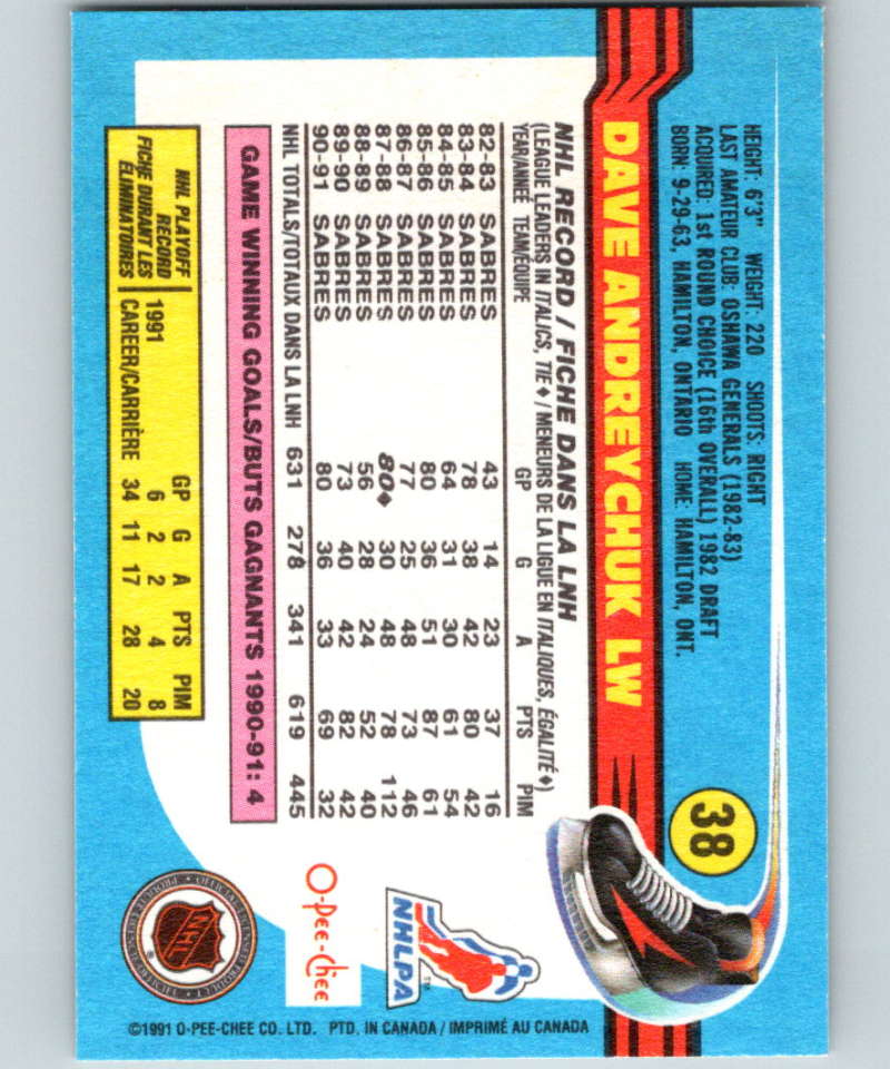 1991-92 O-Pee-Chee #38 Dave Andreychuk Mint Buffalo Sabres  Image 2