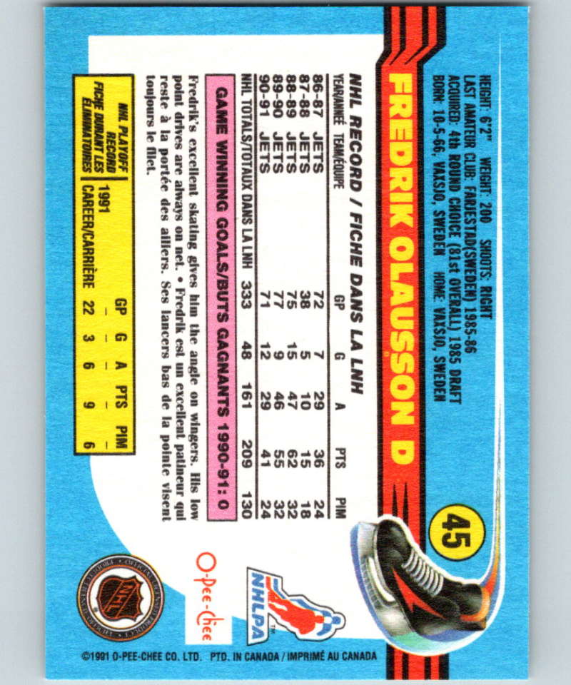1991-92 O-Pee-Chee #45 Fredrik Olausson Mint Winnipeg Jets  Image 2