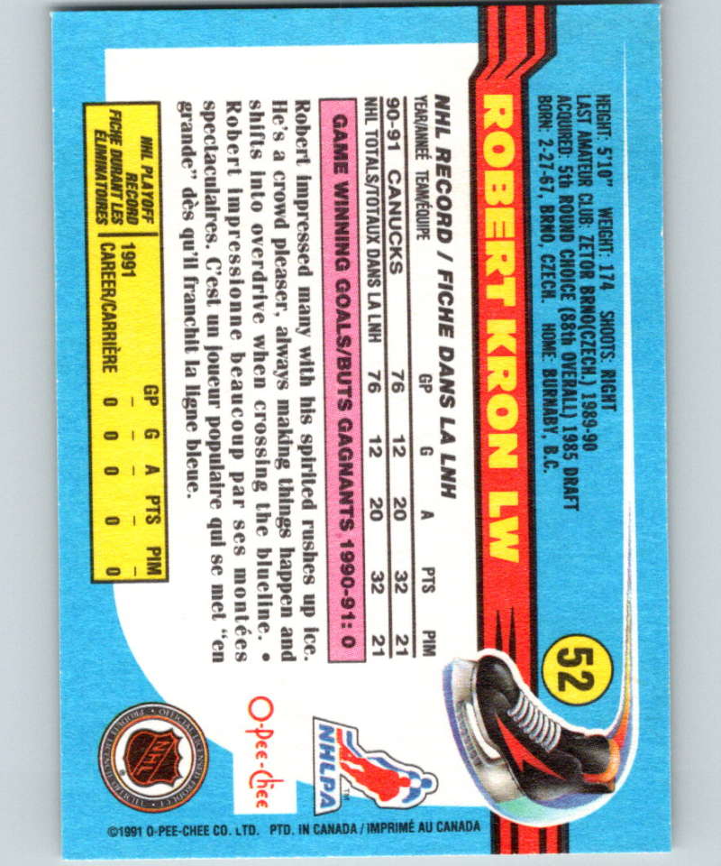 1991-92 O-Pee-Chee #52 Robert Kron Mint Vancouver Canucks  Image 2