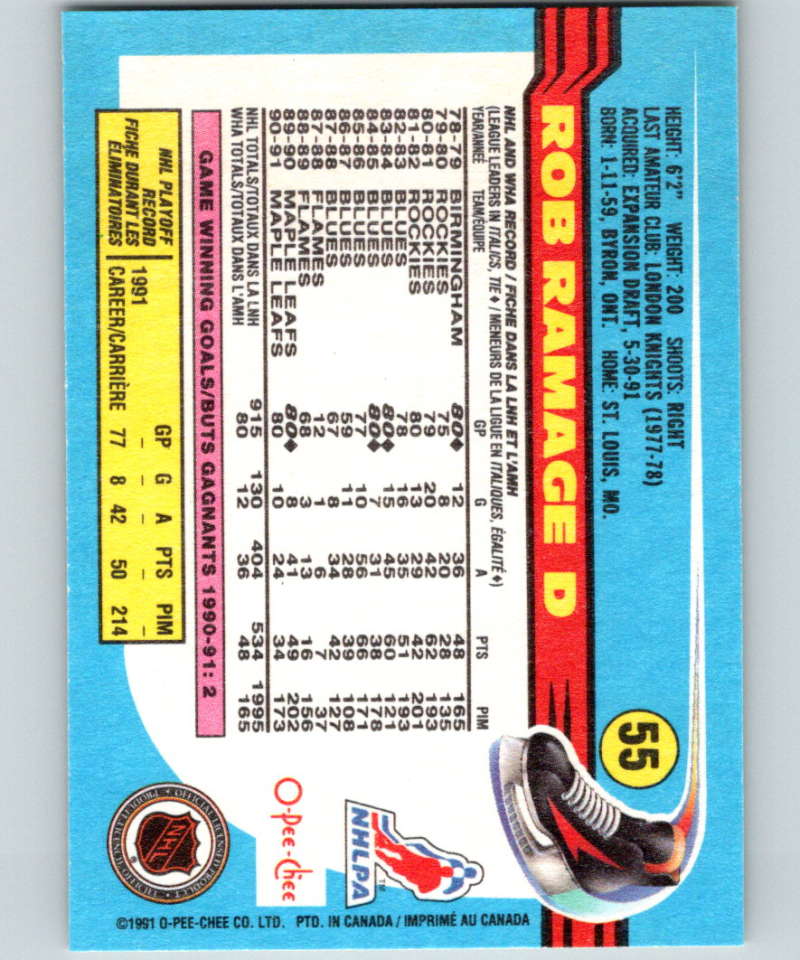 1991-92 O-Pee-Chee #55 Rob Ramage Mint Toronto Maple Leafs  Image 2