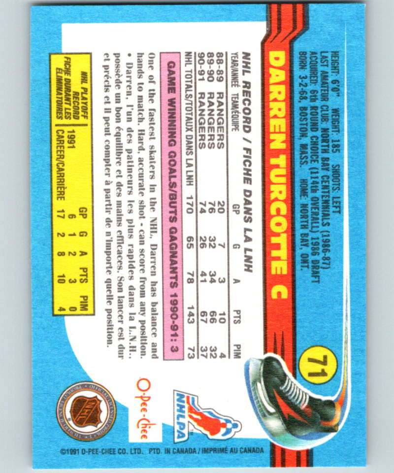 1991-92 O-Pee-Chee #71 Darren Turcotte Mint New York Rangers  Image 2