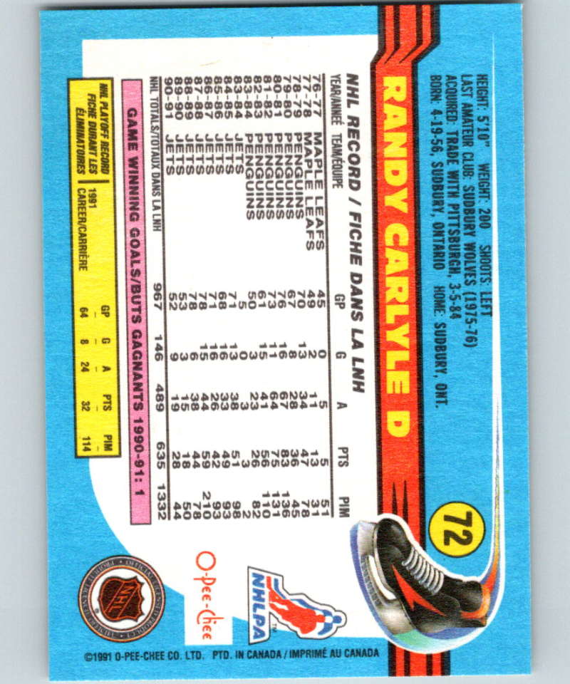 1991-92 O-Pee-Chee #72 Randy Carlyle Mint Winnipeg Jets  Image 2