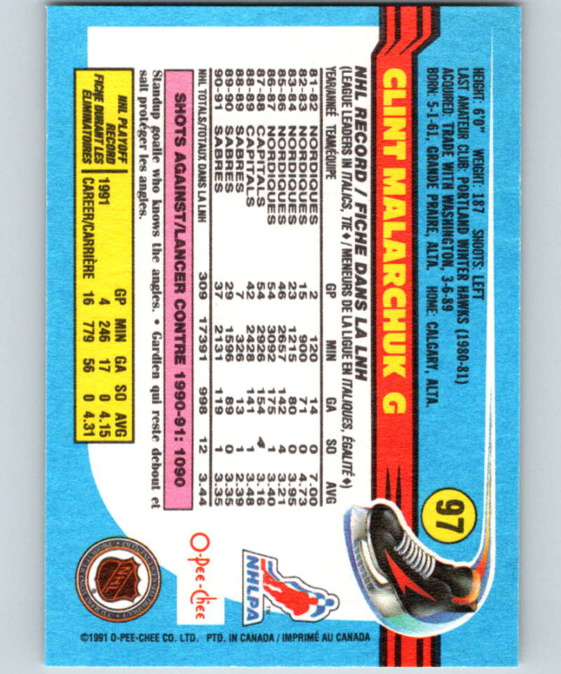 1991-92 O-Pee-Chee #97 Clint Malarchuk Mint Buffalo Sabres  Image 2
