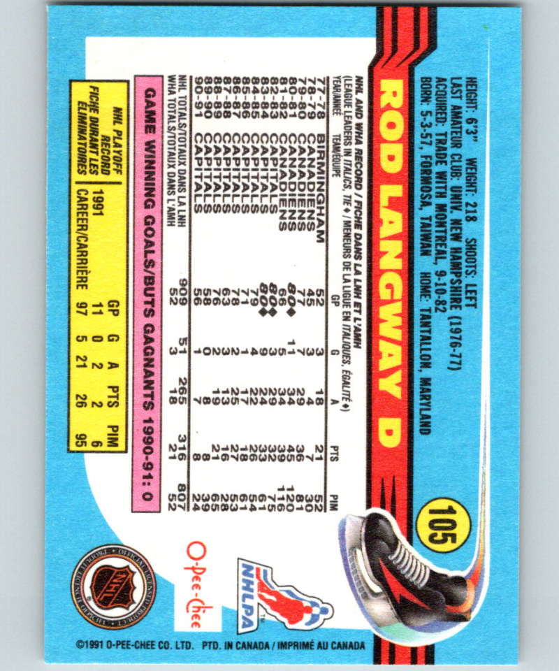 1991-92 O-Pee-Chee #105 Rod Langway Mint Washington Capitals  Image 2