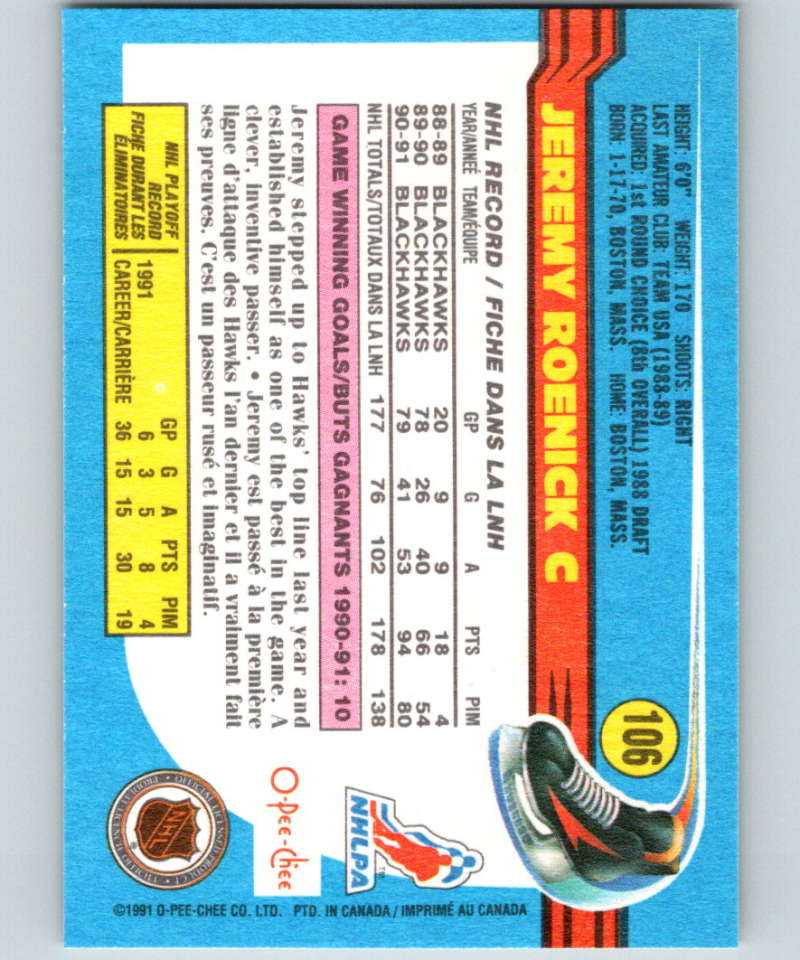1991-92 O-Pee-Chee #106 Jeremy Roenick Mint Chicago Blackhawks