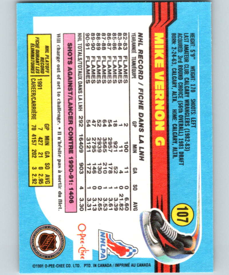 1991-92 O-Pee-Chee #107 Mike Vernon Mint Calgary Flames  Image 2
