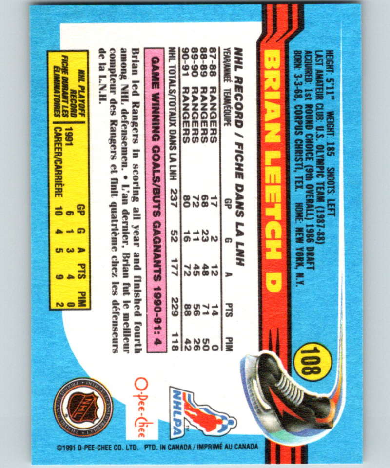 1991-92 O-Pee-Chee #108 Brian Leetch Mint New York Rangers  Image 2