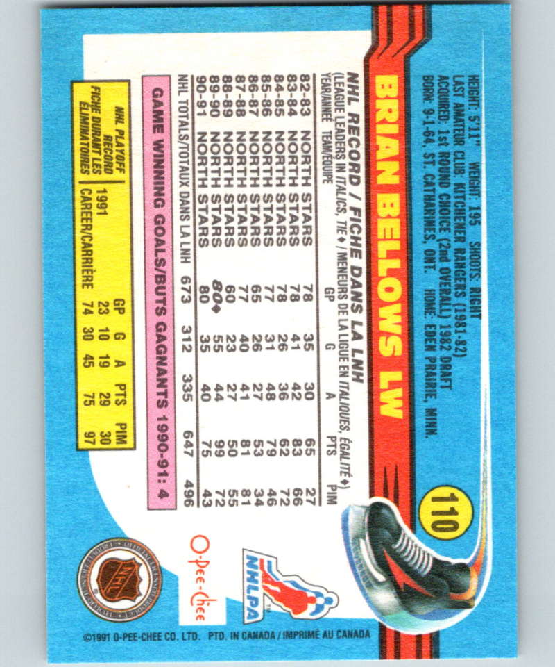 1991-92 O-Pee-Chee #110 Brian Bellows Mint Minnesota North Stars  Image 2